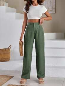 EURMUSE Women Front Two Sided Button Detailed Linen Pants - Mint Green - View 4