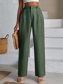 EURMUSE Women Front Two Sided Button Detailed Linen Pants - Mint Green - View 7