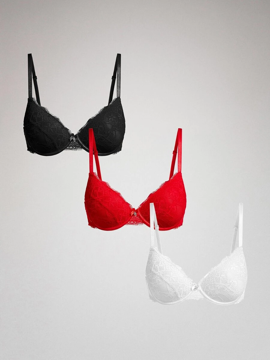 Silforma 3pcs Set Lace Lift Romantic Minimalist Underwire Adjustable Bras For Women - Multicolor - View 1