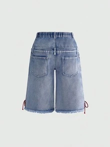 ROMWE Street Life Plus Size Women Y2K Retro Jersey Sports Ballet Style Slogan Logo Embroidered Drawstring Low Waist Sexy Mini Denim Shorts - Blue - View 6