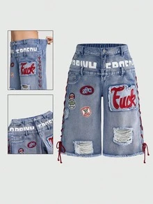 ROMWE Street Life Plus Size Women Y2K Retro Jersey Sports Ballet Style Slogan Logo Embroidered Drawstring Low Waist Sexy Mini Denim Shorts - Blue - View 2