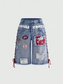 ROMWE Street Life Plus Size Women Y2K Retro Jersey Sports Ballet Style Slogan Logo Embroidered Drawstring Low Waist Sexy Mini Denim Shorts - Blue - View 4
