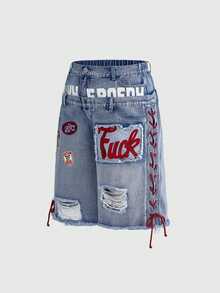 ROMWE Street Life Plus Size Women Y2K Retro Jersey Sports Ballet Style Slogan Logo Embroidered Drawstring Low Waist Sexy Mini Denim Shorts - Blue - View 1