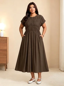 Edennvi Plus Size Women's Fashion Casual Loose Flattering Comfortable Everyday All-Match Versatile Textured Ruched Round Neck Short Sleeve Drapey Long Dress - Brown - View 3