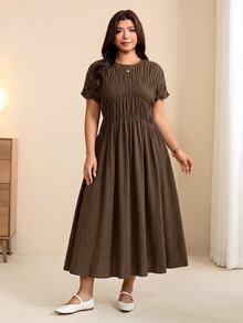 Edennvi Plus Size Women's Fashion Casual Loose Flattering Comfortable Everyday All-Match Versatile Textured Ruched Round Neck Short Sleeve Drapey Long Dress - Brown - View 6