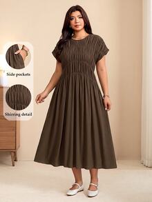 Edennvi Plus Size Women's Fashion Casual Loose Flattering Comfortable Everyday All-Match Versatile Textured Ruched Round Neck Short Sleeve Drapey Long Dress - Brown - View 1