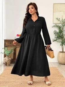 Weeklong Gaun Kemeja Kasual Wanita Ukuran Besar Lengan Lentera Warna Polos Kancing Depan untuk Aktivitas Luar Ruangan Musim Gugur - Hitam - View 6