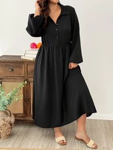 Weeklong Gaun Kemeja Kasual Wanita Ukuran Besar Lengan Lentera Warna Polos Kancing Depan untuk Aktivitas Luar Ruangan Musim Gugur - Hitam - View 1