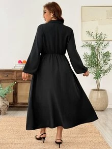 Weeklong Gaun Kemeja Kasual Wanita Ukuran Besar Lengan Lentera Warna Polos Kancing Depan untuk Aktivitas Luar Ruangan Musim Gugur - Hitam - View 2