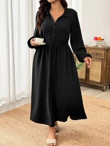 Weeklong Gaun Kemeja Kasual Wanita Ukuran Besar Lengan Lentera Warna Polos Kancing Depan untuk Aktivitas Luar Ruangan Musim Gugur - Hitam - View 8