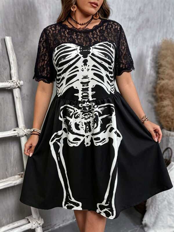 SHEIN Clasi Plus Size Halloween Lace Patchwork Round Neck Skull Print Short Sleeve Dress