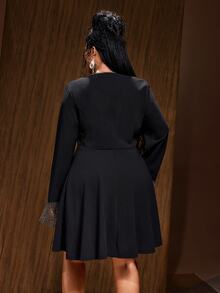 Maweii Sexy Deep V-Neck Ruched Waist Little Black Dress, Mesh Patchwork Long Sleeve Blazer Dress Fall - Black - View 3