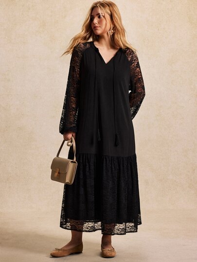 Écloséra Curve Plus Size Women's Best-Selling Elegant French Lace Patchwork V-Neck Tassel Decor Long Sleeve Dress, Slimming Minimalist A-Line Design, Suitable For Daily Wear, Commuting, Dating, Party, Inner Layer Or Outer Wear