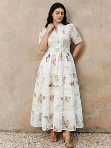Anewsta Elegant Romantic Cinched Waist Full Skirt Colorful Spring/Summer Floral Pattern Design Heavy Work Patchwork Lace Trim Plus Size Dress - White - View 3
