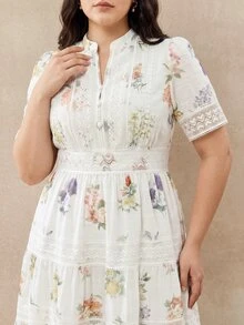 Anewsta Elegant Romantic Cinched Waist Full Skirt Colorful Spring/Summer Floral Pattern Design Heavy Work Patchwork Lace Trim Plus Size Dress - White - View 6