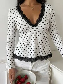 CovetEZ 女款白色與黑色波點印花蕾絲飾邊上衣，適合日場派對約會，秋季優雅風 - 黑與白 - 查看 7