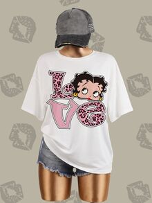 Betty Boop x SHEIN Plus Size Women's Leopard Print Letter Graphic Crew Neck Short Sleeve T-Shirt - White - View 3