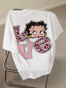 Betty Boop x SHEIN Plus Size Women's Leopard Print Letter Graphic Crew Neck Short Sleeve T-Shirt - White - View 1