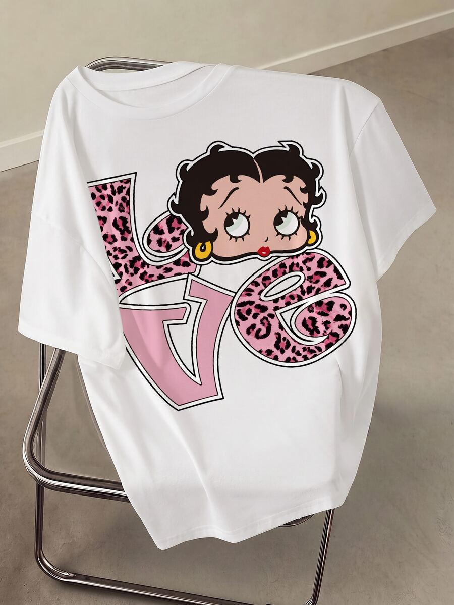 Betty Boop x SHEIN Plus Size Women's Leopard Print Letter Graphic Crew Neck Short Sleeve T-Shirt - White - View 1
