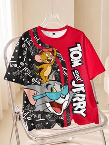 TOM & JERRY X SHEIN Men's Letter & Cartoon Print Crew Neck Short Sleeve Casual T-Shirt - White - View 1