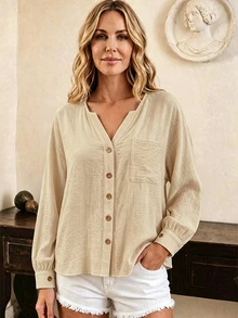 EMERY ROSE Women's Textured Versatile Pocket Button Long Sleeve Shirt - Beige - View 1