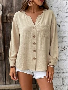 EMERY ROSE Women's Textured Versatile Pocket Button Long Sleeve Shirt - Beige - View 5