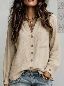 EMERY ROSE Women's Textured Versatile Pocket Button Long Sleeve Shirt - Beige - View 2