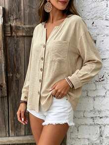 EMERY ROSE Women's Textured Versatile Pocket Button Long Sleeve Shirt - Beige - View 4