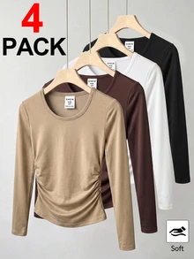 SHEIN Girlism Kids Tween Girls All-Match Versatile Casual Crew Neck Ruched Long Sleeve T-Shirt 4pcs Set School Khaki Brown White Black Autumn/Fall,Y2k - Multicolor - View 4
