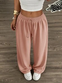 SHEIN Cottnline Women Mid Waist Wide Leg Sweatpants - Baby Pink - View 6