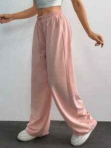 SHEIN Cottnline Women Mid Waist Wide Leg Sweatpants - Baby Pink - View 3