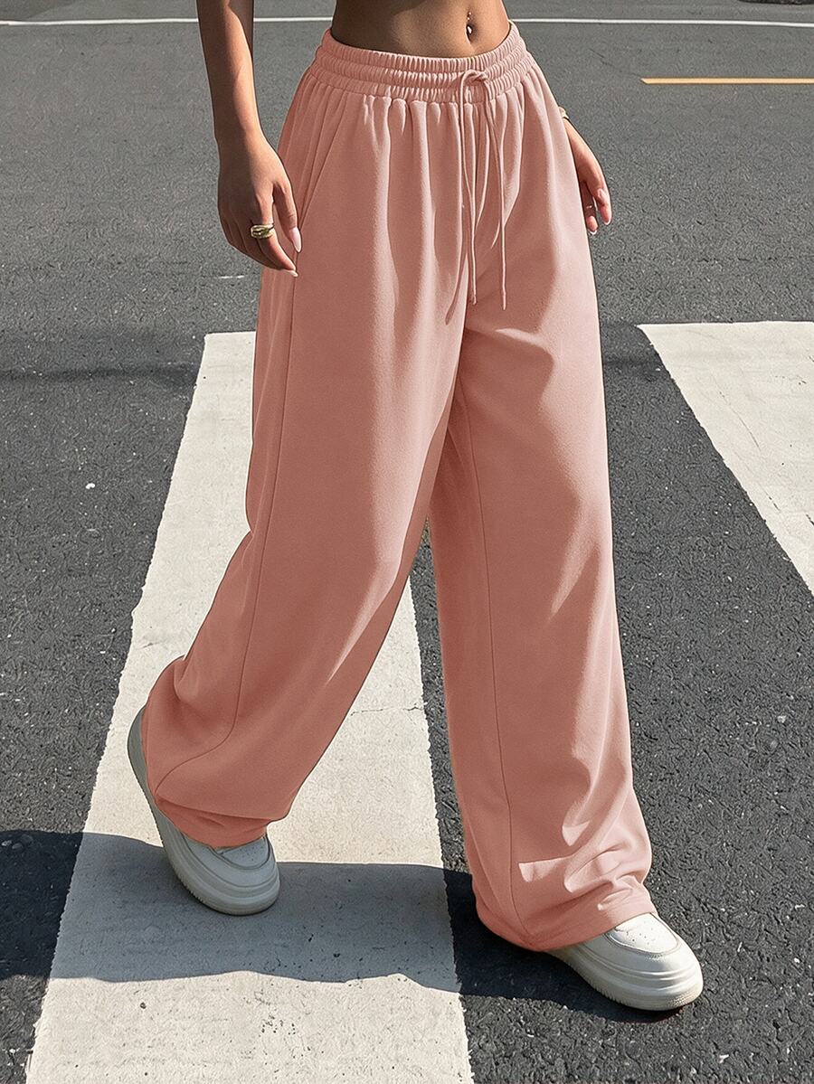 SHEIN Cottnline Women Mid Waist Wide Leg Sweatpants - Baby Pink - View 1
