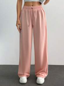SHEIN Cottnline Women Mid Waist Wide Leg Sweatpants - Baby Pink - View 5