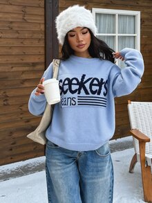 Muchica 女款字母印花休閒日常長袖針織衫 天藍色 新年秋冬可愛校園滑雪款 內含字母 - 淺藍色 - 查看 3