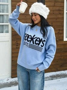 Muchica 女款字母印花休閒日常長袖針織衫 天藍色 新年秋冬可愛校園滑雪款 內含字母 - 淺藍色 - 查看 4