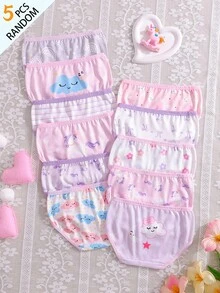 SHEIN 【5件隨機】女童幼兒內褲套組，可愛獨角獸、雲朵、紫色嬰兒粉白色花卉印花，柔軟光滑針織布料，冬季款 - 彩色 - 查看 3