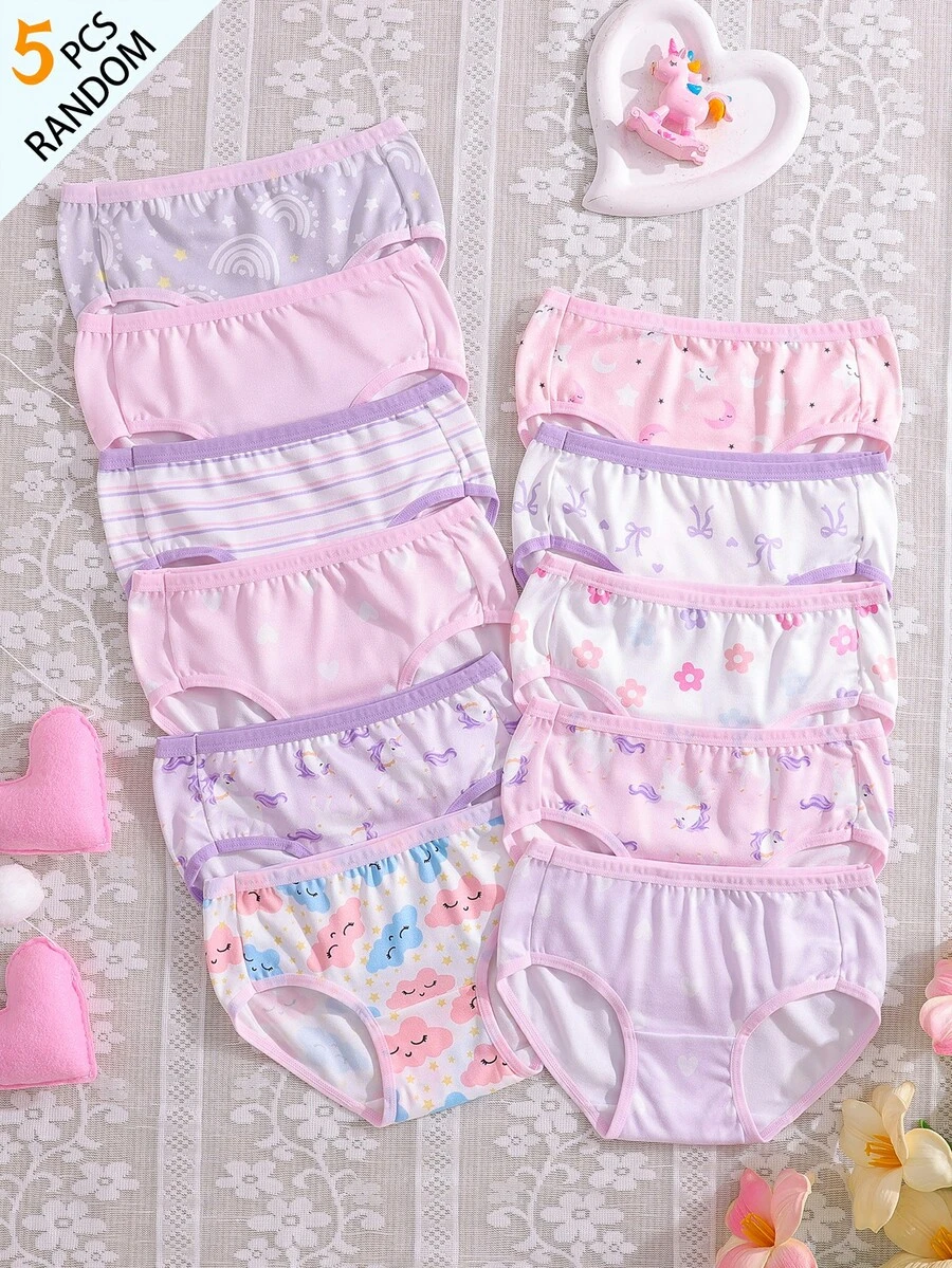 SHEIN 【5件隨機】女童幼兒內褲套組，可愛獨角獸、雲朵、紫色嬰兒粉白色花卉印花，柔軟光滑針織布料，冬季款