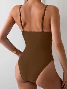 Swim Basics Women's Solid Color Spaghetti Strap Deep V Backless Ruched One-Piece Bikini Swimsuit, Suitable For Summer Beach Vacation - Brown - View 2