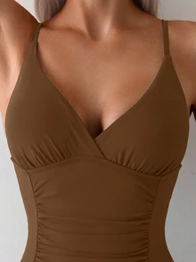Swim Basics Women's Solid Color Spaghetti Strap Deep V Backless Ruched One-Piece Bikini Swimsuit, Suitable For Summer Beach Vacation - Brown - View 4