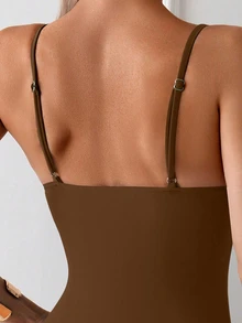 Swim Basics Women's Solid Color Spaghetti Strap Deep V Backless Ruched One-Piece Bikini Swimsuit, Suitable For Summer Beach Vacation - Brown - View 5