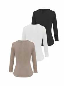 RosyDaze 3pcs Women's Casual Everyday Commute Simple Solid Color Ribbed Lettuce Trim Fitted T-Shirts, Spring/Autumn - Multicolor - View 3