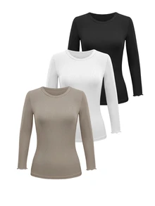 RosyDaze 3pcs Women's Casual Everyday Commute Simple Solid Color Ribbed Lettuce Trim Fitted T-Shirts, Spring/Autumn - Multicolor - View 6