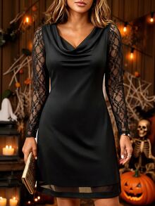 SHEIN LUNE CURVE Plus-Size Lace Long-Sleeved Mini Dress, Elegant Goth Party Night Going Out Everyday Wear. Women's Halloween Costume. Fall Black - Black - View 6