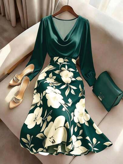 GlowEve CURVE Plus Size Women's V-Neck Long Sleeve Floral Print Midi Dress, Elegant Emerald Green High Waist Design, Wedding Brunch Dinner Guests, Cocktail Parties