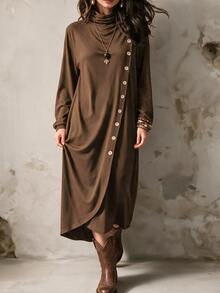 Linhara CURVE Women's Plus Size Casual Front Button Stand Collar Dress Fall - Brown - View 9