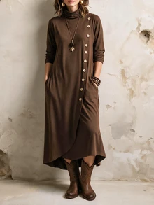 Linhara CURVE Women's Plus Size Casual Front Button Stand Collar Dress Fall - Brown - View 1