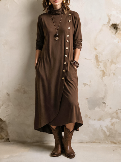Linhara CURVE Women's Plus Size Casual Front Button Stand Collar Dress Fall