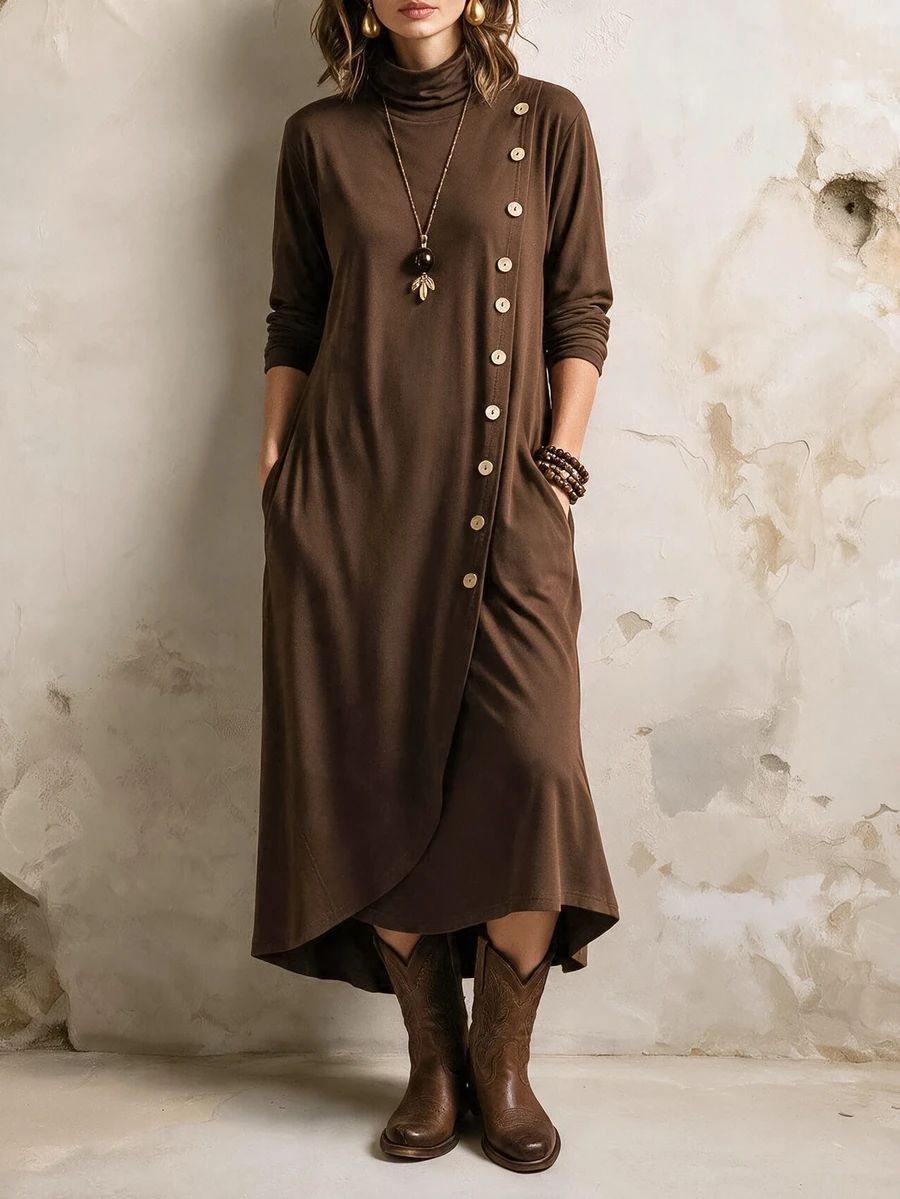 Linhara CURVE Women's Plus Size Casual Front Button Stand Collar Dress Fall - Brown - View 1