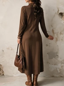 Linhara CURVE Women's Plus Size Casual Front Button Stand Collar Dress Fall - Brown - View 2