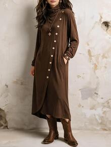 Linhara CURVE Women's Plus Size Casual Front Button Stand Collar Dress Fall - Brown - View 3